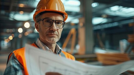 An architect reviewing plans, focus on, quality control theme, realistic, fusion, construction site office backdrop