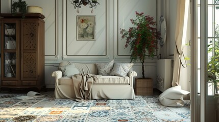 Interior of a luxurious old-fashioned living room with beautiful tiles on the floor	
