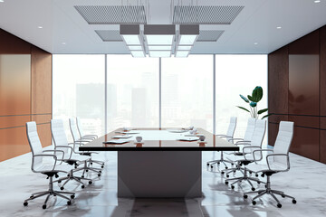 Spacious bright meeting room interior with panoramic windows and city view. 3D Rendering.