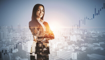Attractive happy young european female with folded arms standing on blurry city background with...