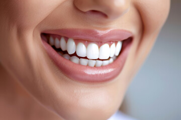Fototapeta premium Close-Up Portrait of a Woman's Bright Smiling Mouth Showing Healthy White Teeth