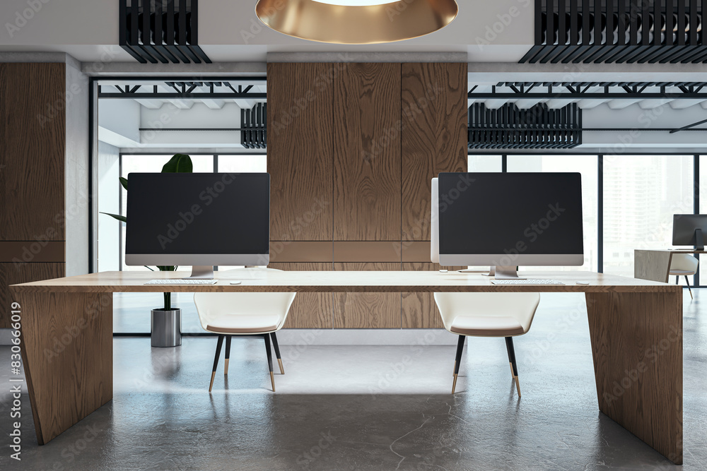 Poster Modern coworking office with mock up computer monitor, equipment, furniture, various other objects and daylight. 3D Rendering.