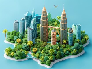 Obraz premium Isometric 3D Kuala Lumpur render showcases city's charm, set against sapphire backdrop, featuring iconic locales with precision