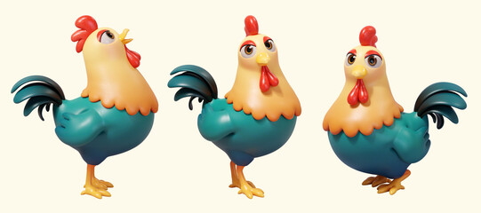3D Cartoon rooster set