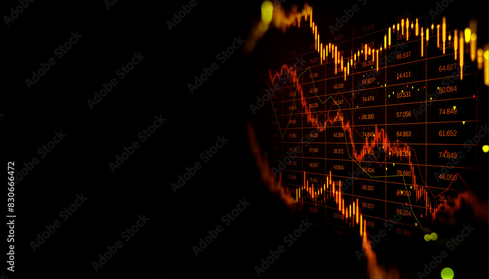 Aufkleber abstract downward red forex candlestick hologram on dark background with mock up place. financial cr