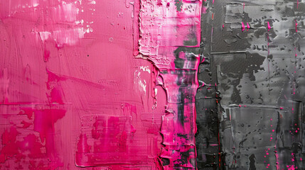 Fototapeta premium Closeup of textured oil and acrylic techniques in abstract painting with vibrant pink and moody gray,