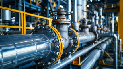 Side view of steel pipelines and cables in an ammonia production plant, detailed pipe rack construction