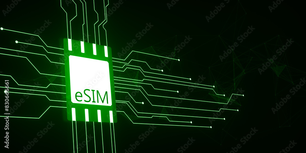 Aufkleber Esim chip card icon with circuit on dark backdrop. Embedded sim card cellular mobile technology smart concept. 3D Rendering.