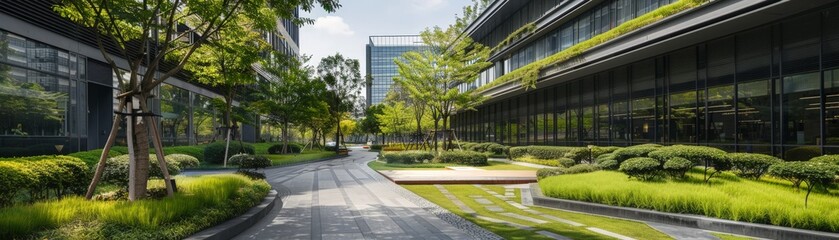Fototapeta premium Corporate Oasis: Modern Office Park with Lush Landscaping and Multiple Buildings