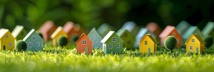 Fototapeta premium Colorful Paper Houses on Green Background
