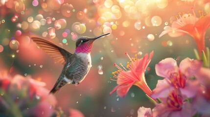 Fototapeta premium A hummingbird hovering near a colorful flower, its wings shimmering like iridescent bubbles.