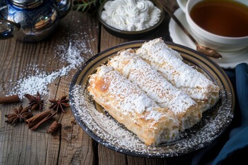 Traditional Turkish dessert, palace wrap with coconut (Turkish name; Saray wrap or Saray sarmasi) sultan wrap, sultan lokumu