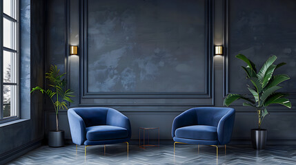 Dark room with accents. Blue navy armchairs. Trendy modern interior design mockup. Gray wall painted background empty for art. Premium lounge living or reception hall interior