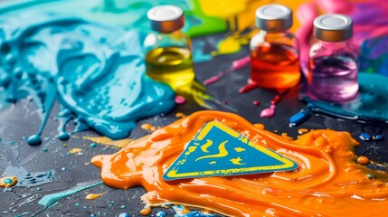 Top view of a hazardous chemical spill with colorful liquids spreading and a clear serious health hazard sign nearby, isolated background, studio lighting