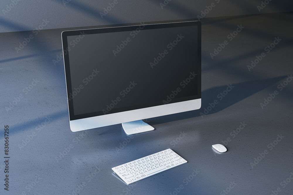 Poster Close up of empty mock up computer monitor on gray background. Minimalistic designer desktop concept. 3D Rendering.