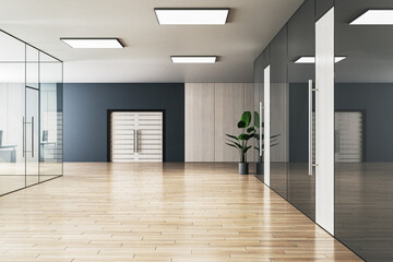 Simple office hallway interior with wooden, glass and concrete elements. 3D Rendering.