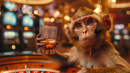 Monkey in Casino - A monkey in an elegant outfit, standing at a roulette table in a luxurious casino, smiling and holding a drink