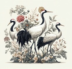 Illustration of three cranes standing among a variety of intricate plants and flowers