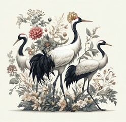 Fototapeta premium Illustration of three cranes standing among a variety of intricate plants and flowers