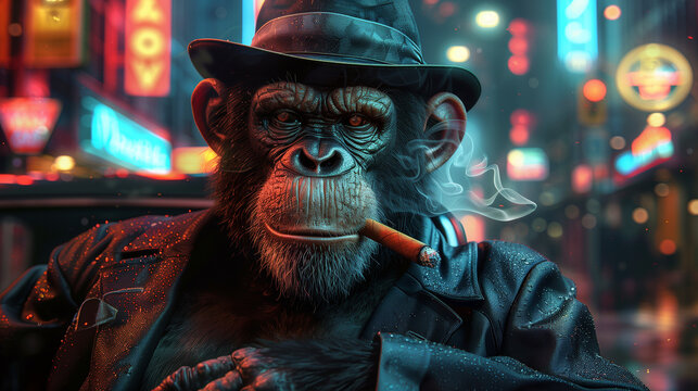 Monkey in Suit and Hat - A monkey dressed in a sharp suit and gangster hat, with a cigar in its mouth, standing in front of a classic 1930s car, with a nighttime cityscape and neon lights in the backg