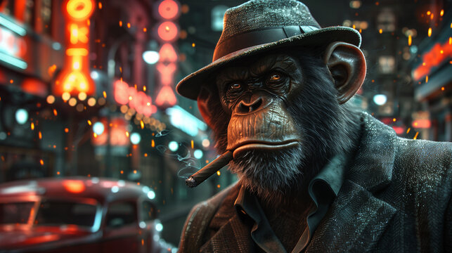 Monkey in Suit and Hat - A monkey dressed in a sharp suit and gangster hat, with a cigar in its mouth, standing in front of a classic 1930s car, with a nighttime cityscape and neon lights in the backg