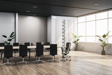 Spacious wooden and concrete meeting room interior with panoramic window, city view and daylight. 3D Rendering,