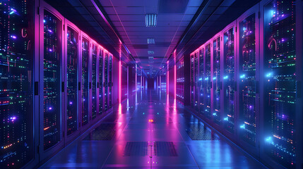 Fototapeta premium A server room with server racks in the dark, in the style of light indigo and black, glassy translucence