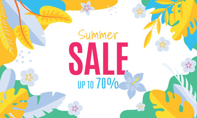 Bright Summer Sale Banner with Tropical Floral Design.
