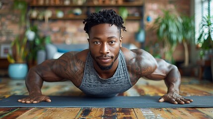 A male practices a tranquil yoga push-up, emphasizing core stability and strength in a contemporary living area.