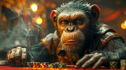 Monkey Playing Cards - A monkey in a rolled-up sleeves shirt, playing cards at a poker table, with an intense expression, in a smoky room