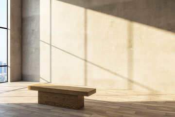 Contemporary concrete gallery interior with wooden bench, empty mock up place and sunlight on wall. 3D Rendering.