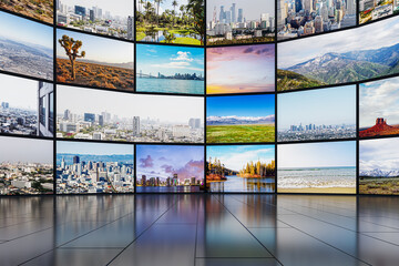 Contemporary video wall in television production room as technology concept with colorful screens...