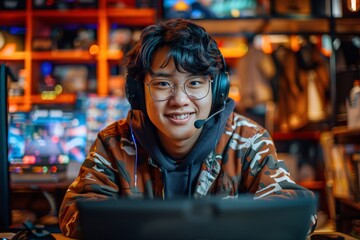 Obraz premium A happy Asian influencer using a game controller to stream live and teach online with a laptop, glasses, and headphones.
