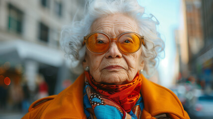 Superhero Grandma - Crazy grandma in a colorful superhero outfit, with a cape flying in the wind, soaring above the city with a smile on her face