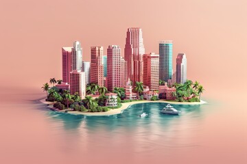 Naklejka premium Isometric 3D Miami render showcases city landmarks in a cute style, set against a chocolate backdrop