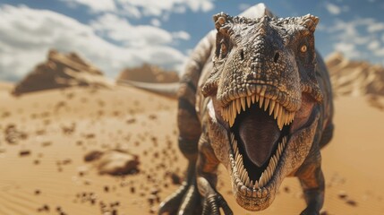 Obraz premium Ferocious Tyrannosaurus Rex roaring in a prehistoric landscape.