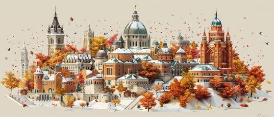Obraz premium Moscow's charm is depicted in a cute isometric 3D render showcasing its iconic landmarks against a maroon backdrop