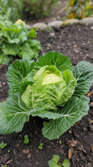 Fresh Green Cabbage Growing in Organic Garden Soil
