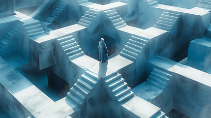 Grandma in Labirynt - navigating impossible stairs and structures, in a maze with abstract elements
