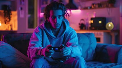 Fototapeta premium Unenthusiastic individual competes in virtual gaming tournament, frantically pressing buttons on controller in brightly lit apartment.