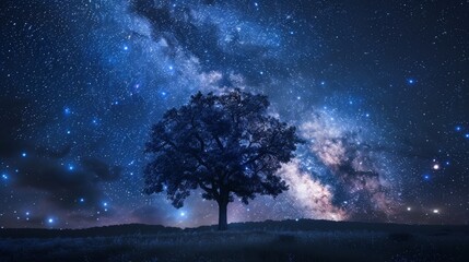 Lone Tree Under Star-Filled Night Sky