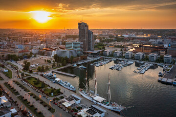 Aerial landscape of the harbor in Gdynia with modern architecture at sunset. Poland