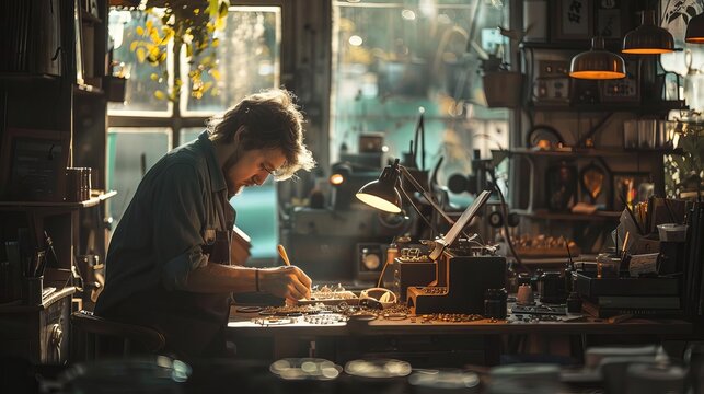 An artist crafting jewelry, selective focus, intricate detail theme, surreal, silhouette, cozy workspace backdrop