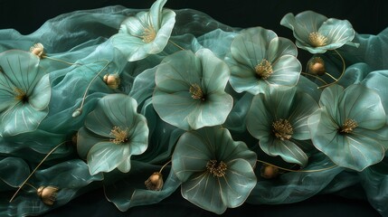 A refreshing design of mint green petals, intertwined with green silk and gold threads. 
