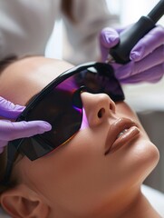 Naklejka premium A beautician performs laser hair removal on a woman's upper lip.