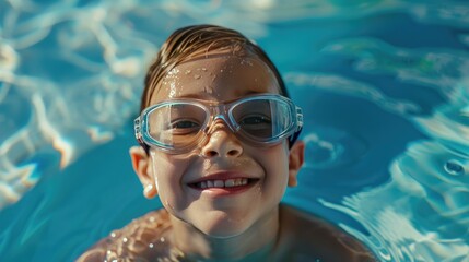 Naklejka premium The child is having fun, swimming, diving in the pool with safety glasses. Entertainment during the summer holidays.