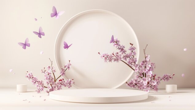 3d render of a circular podium with purple butterflies flying around