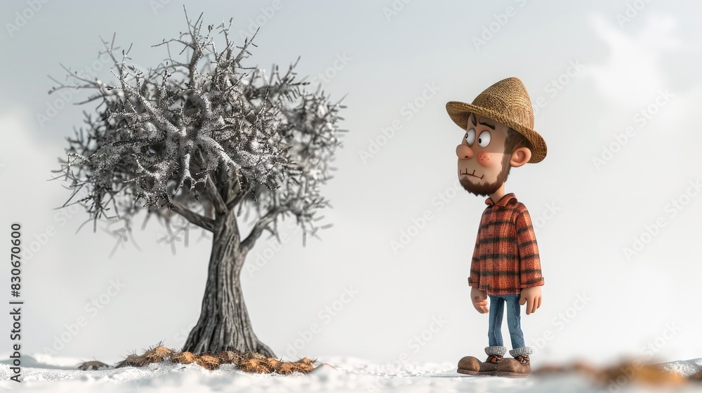 Poster 3d farmer character looking at a dying tree with a sad expression, symbolizing the effects of global