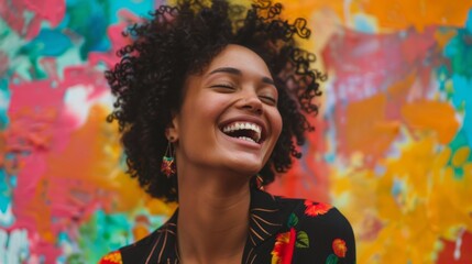 LGBTQ+ pride celebration, Joyful woman on vibrant background. Confident expression, positive energy, and inclusive message.