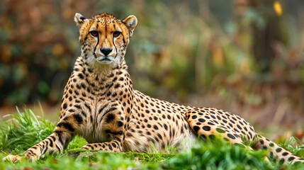 The cheetah, with all its majesty, stares towards the camera under the bright sunlight.
